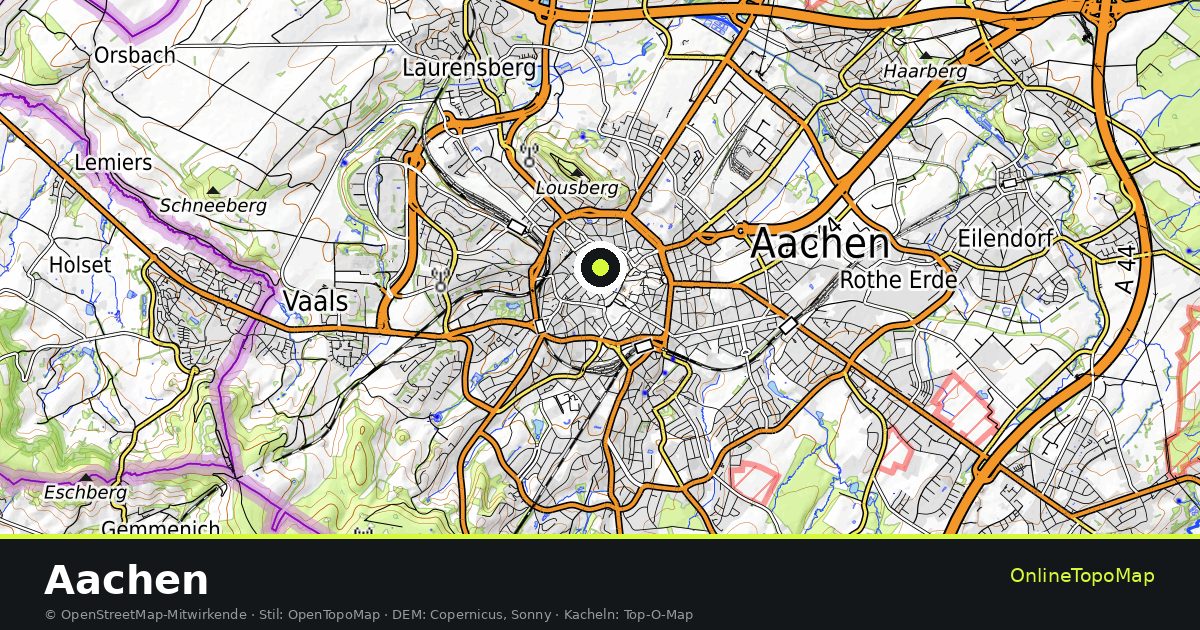 Topographische Karte von Aachen mit Höhenlinien und Geländeschattierung