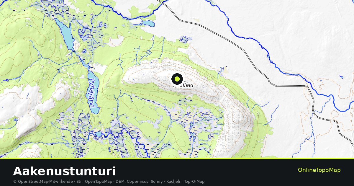 Topographische Karte von Aakenustunturi mit Höhenlinien und Geländeschattierung