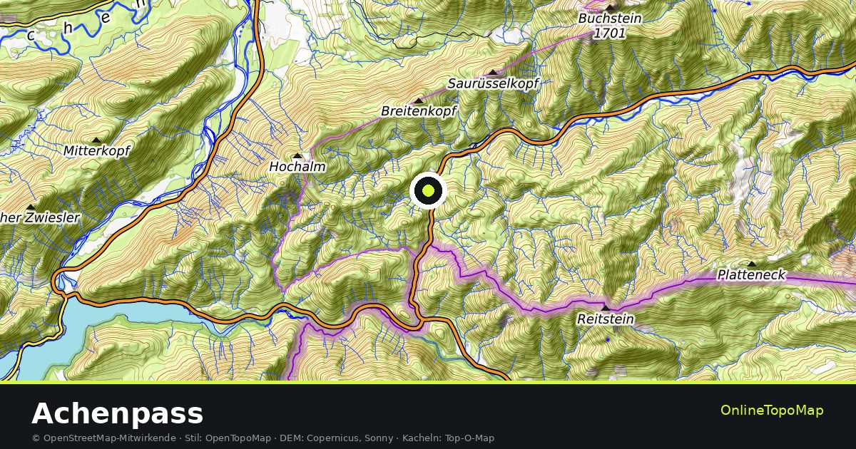 Topographische Karte von Achenpass mit Höhenlinien und Geländeschattierung