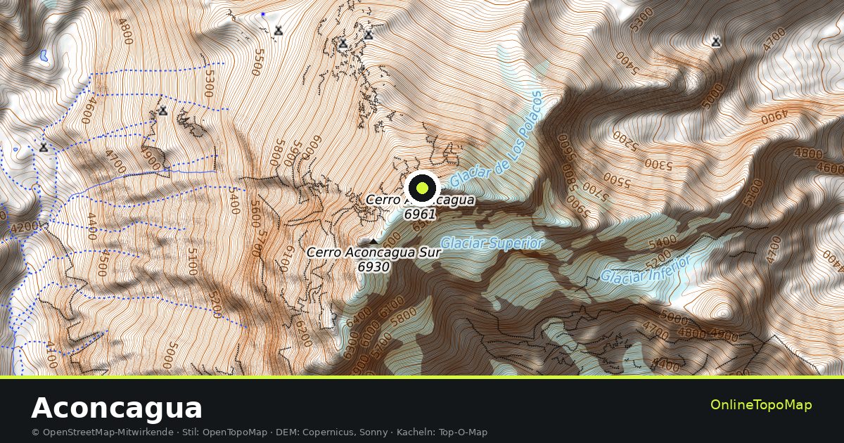 Topographische Karte von Aconcagua mit Höhenlinien und Geländeschattierung
