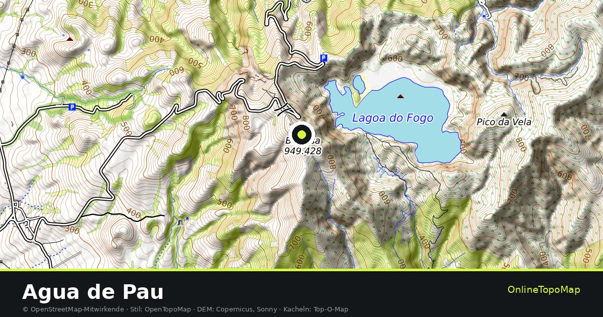 Topographische Karte von Agua de Pau mit Höhenlinien und Geländeschattierung