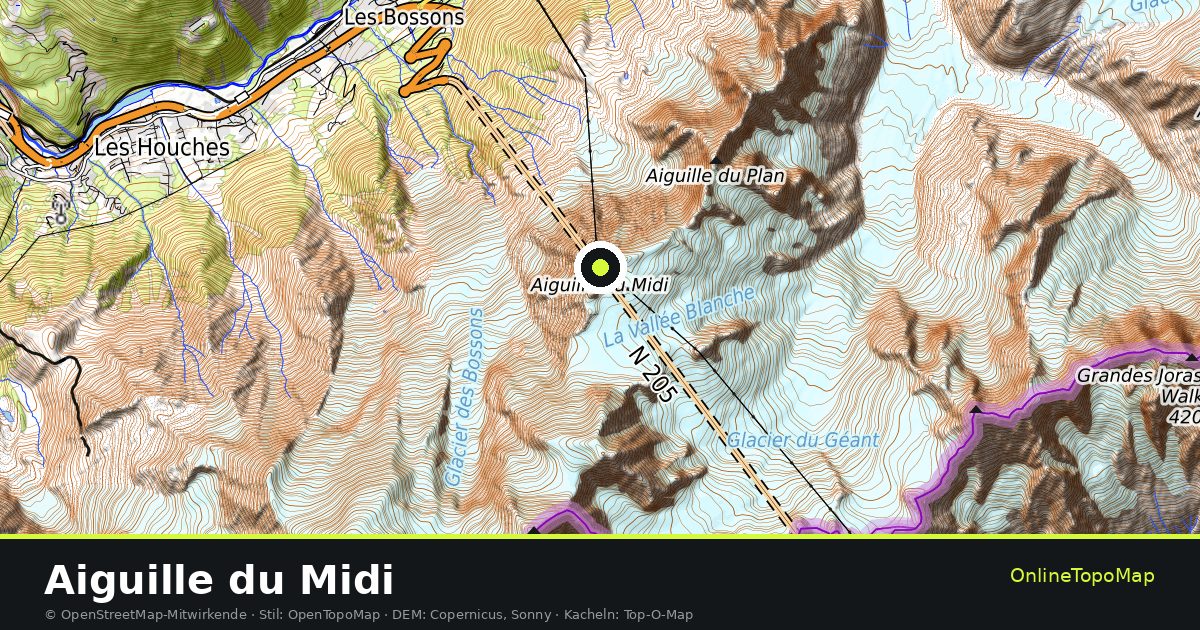 Topographische Karte von Aiguille du Midi mit Höhenlinien und Geländeschattierung