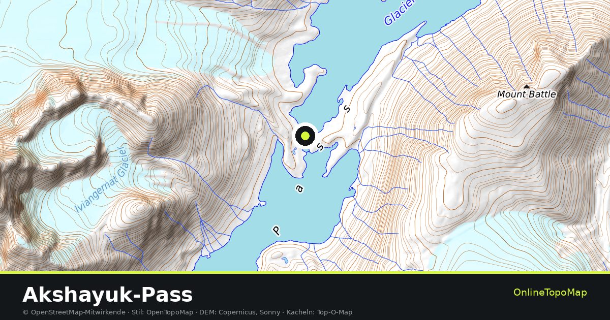 Topographische Karte von Akshayuk-Pass mit Höhenlinien und Geländeschattierung
