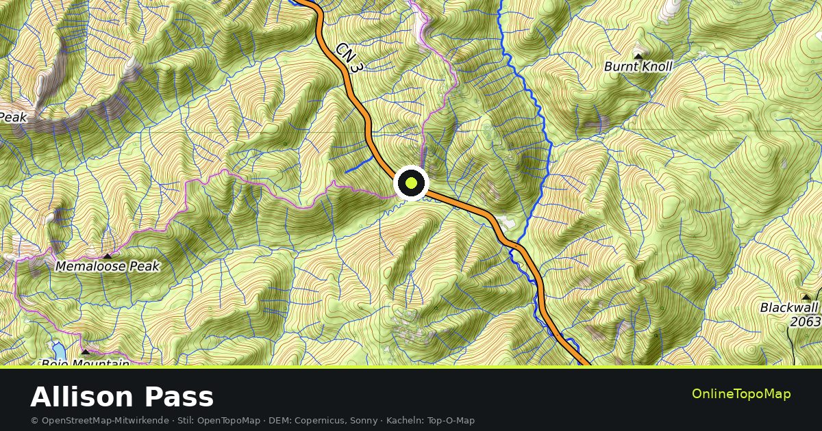 Topographische Karte von Allison Pass mit Höhenlinien und Geländeschattierung