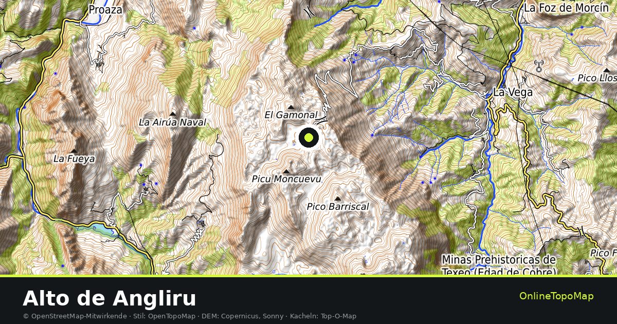Topographische Karte von Alto de Angliru mit Höhenlinien und Geländeschattierung