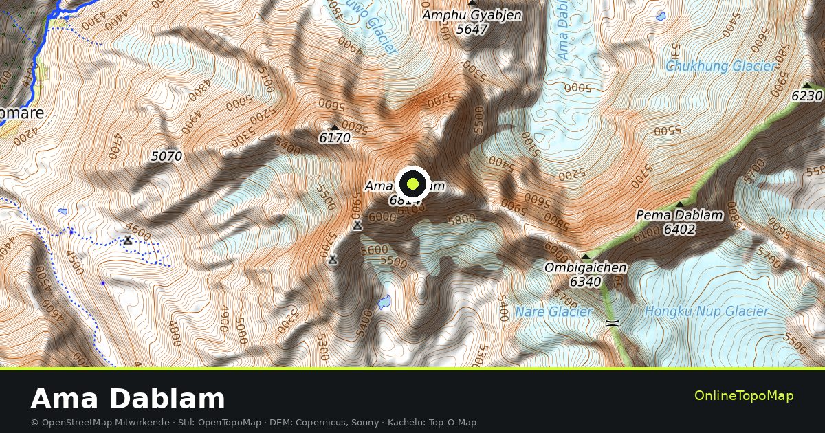 Topographische Karte von Ama Dablam mit Höhenlinien und Geländeschattierung