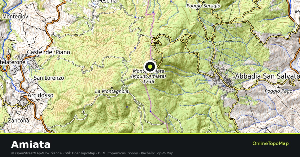 Topographische Karte von Amiata mit Höhenlinien und Geländeschattierung