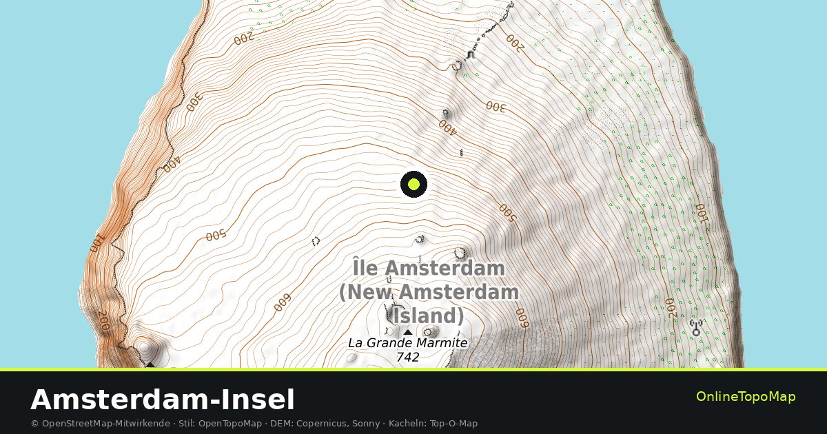 Topographische Karte von Amsterdam-Insel mit Höhenlinien und Geländeschattierung