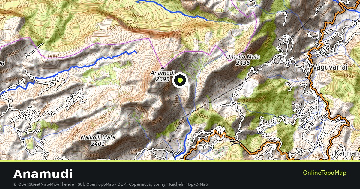 Topographische Karte von Anamudi mit Höhenlinien und Geländeschattierung