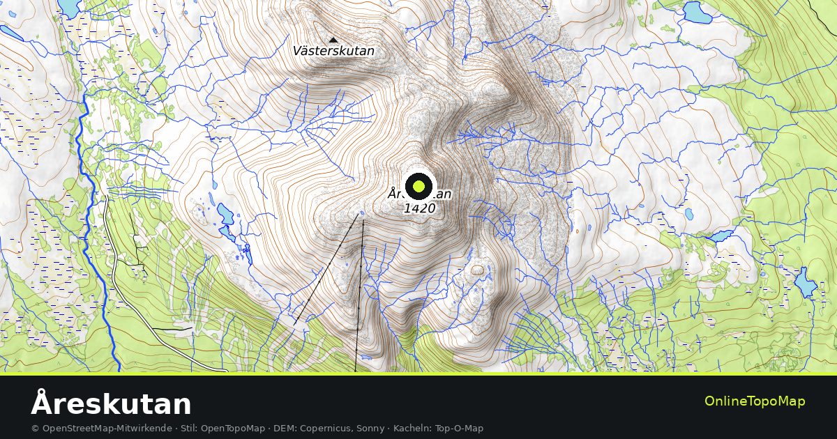 Topographische Karte von Åreskutan mit Höhenlinien und Geländeschattierung