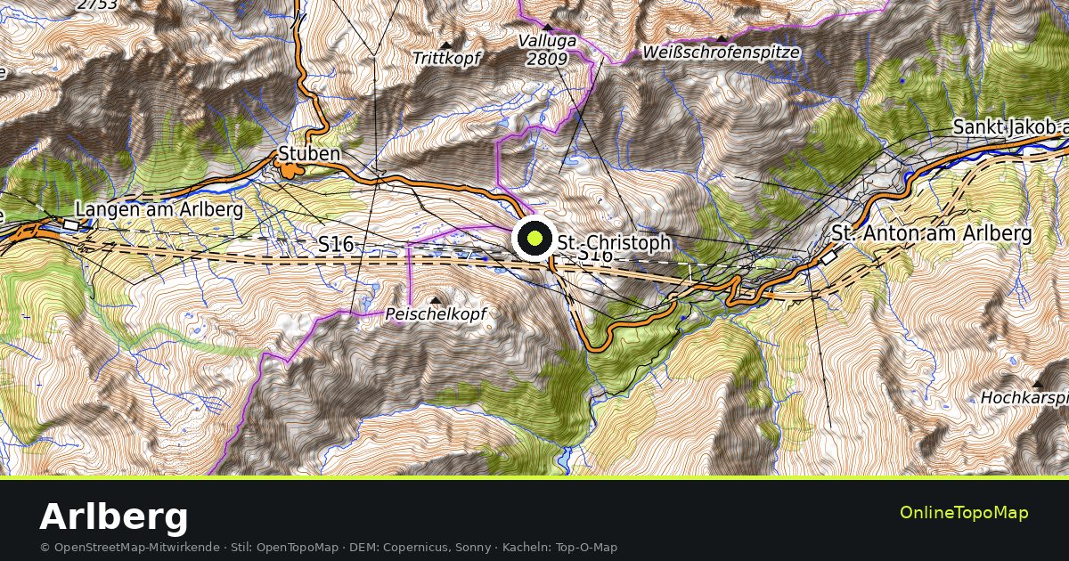 Topographische Karte von Arlberg mit Höhenlinien und Geländeschattierung