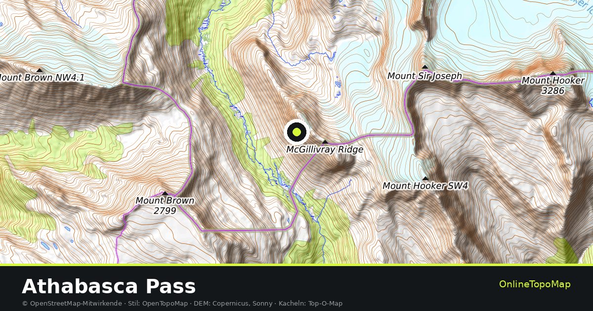 Topographische Karte von Athabasca Pass mit Höhenlinien und Geländeschattierung