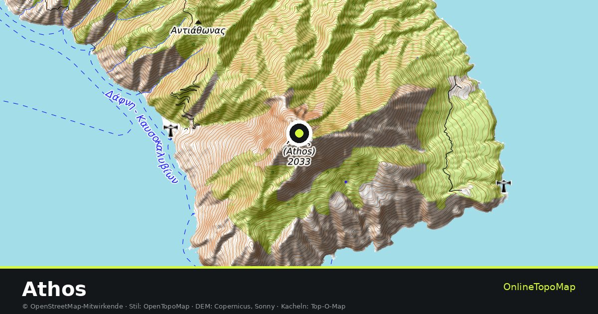 Topographische Karte von Athos mit Höhenlinien und Geländeschattierung