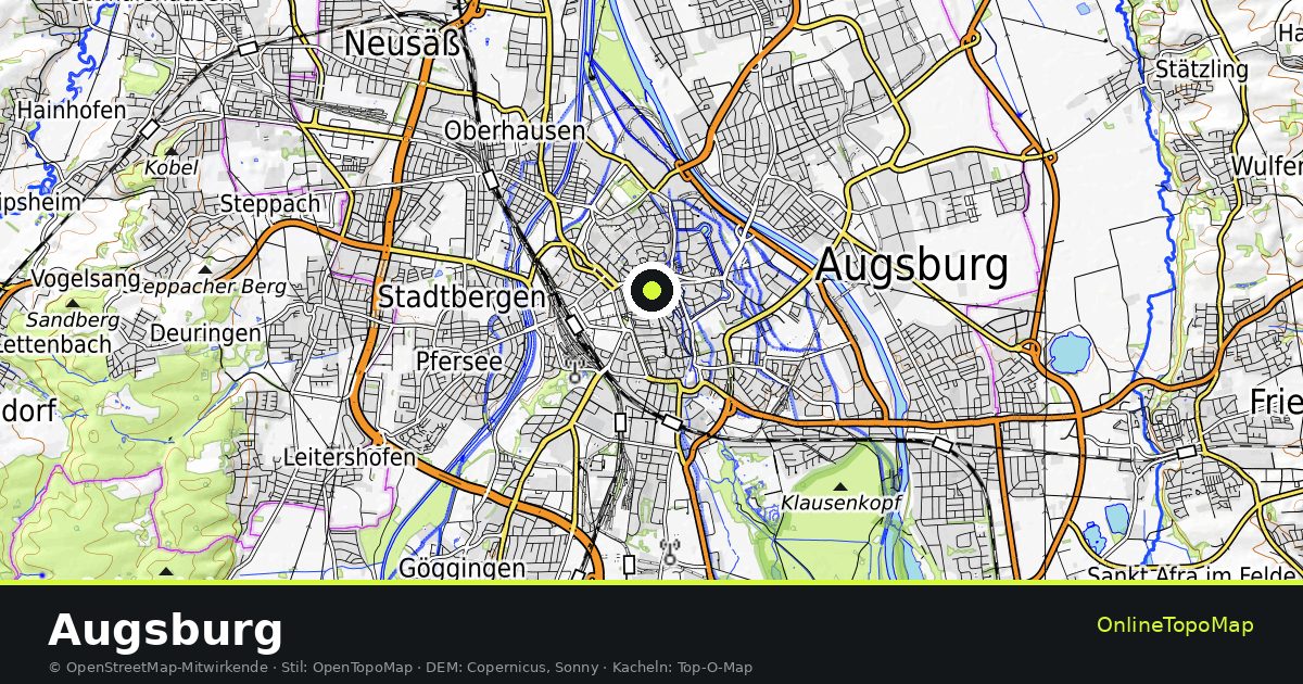 Topographische Karte von Augsburg mit Höhenlinien und Geländeschattierung