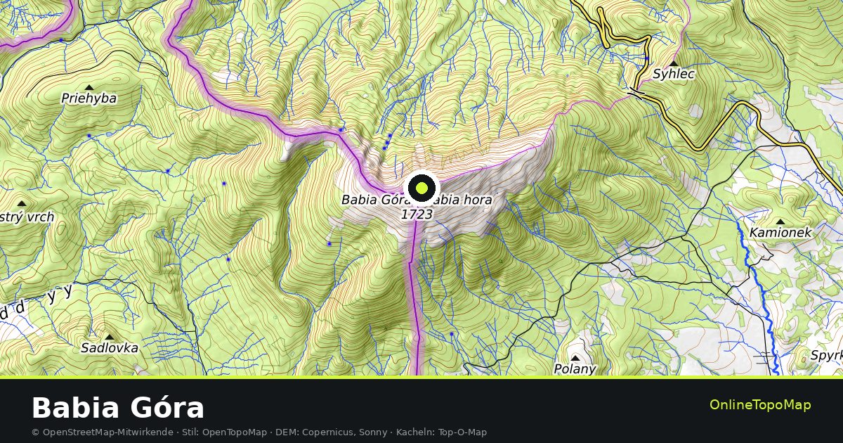 Topographische Karte von Babia Góra mit Höhenlinien und Geländeschattierung