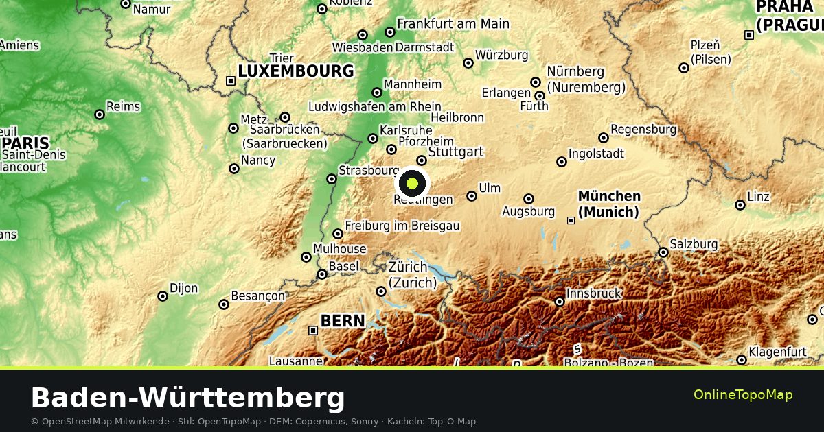 Topographische Karte von Baden-Württemberg mit Höhenlinien und Geländeschattierung