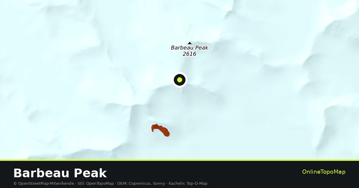 Topographische Karte von Barbeau Peak mit Höhenlinien und Geländeschattierung