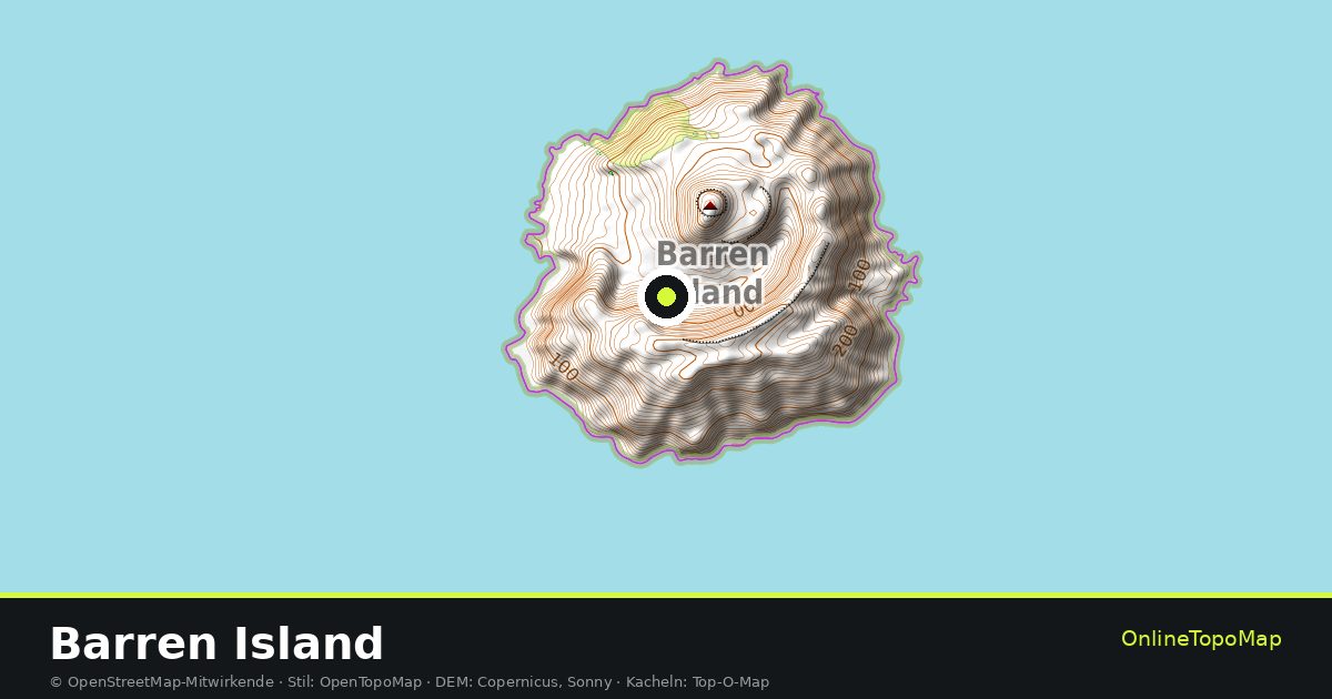 Topographische Karte von Barren Island mit Höhenlinien und Geländeschattierung