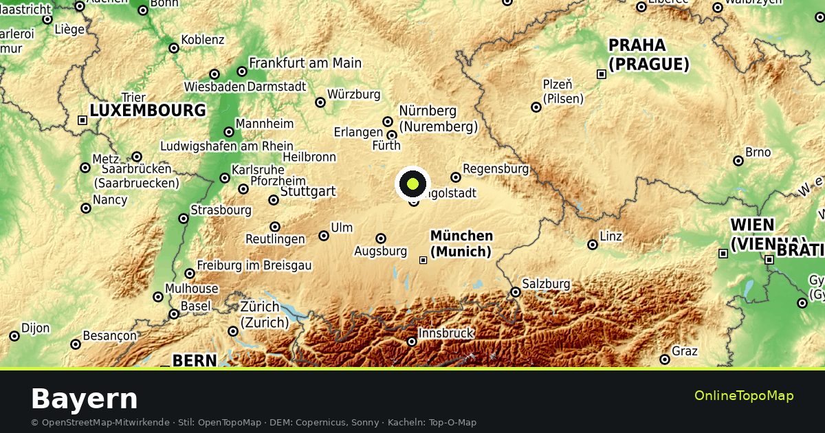 Topographische Karte von Bayern mit Höhenlinien und Geländeschattierung
