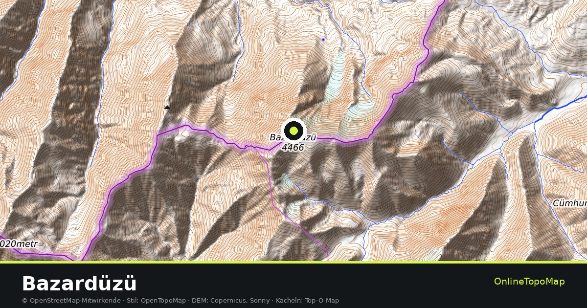 Topographische Karte von Bazardüzü mit Höhenlinien und Geländeschattierung