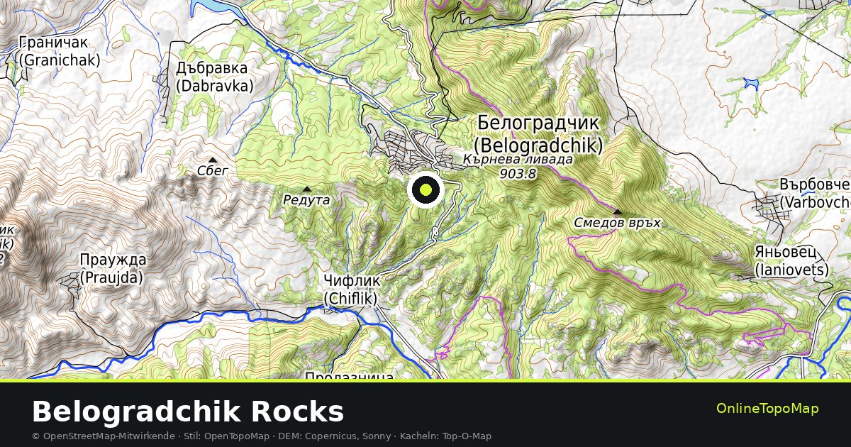 Topographische Karte von Belogradchik Rocks mit Höhenlinien und Geländeschattierung