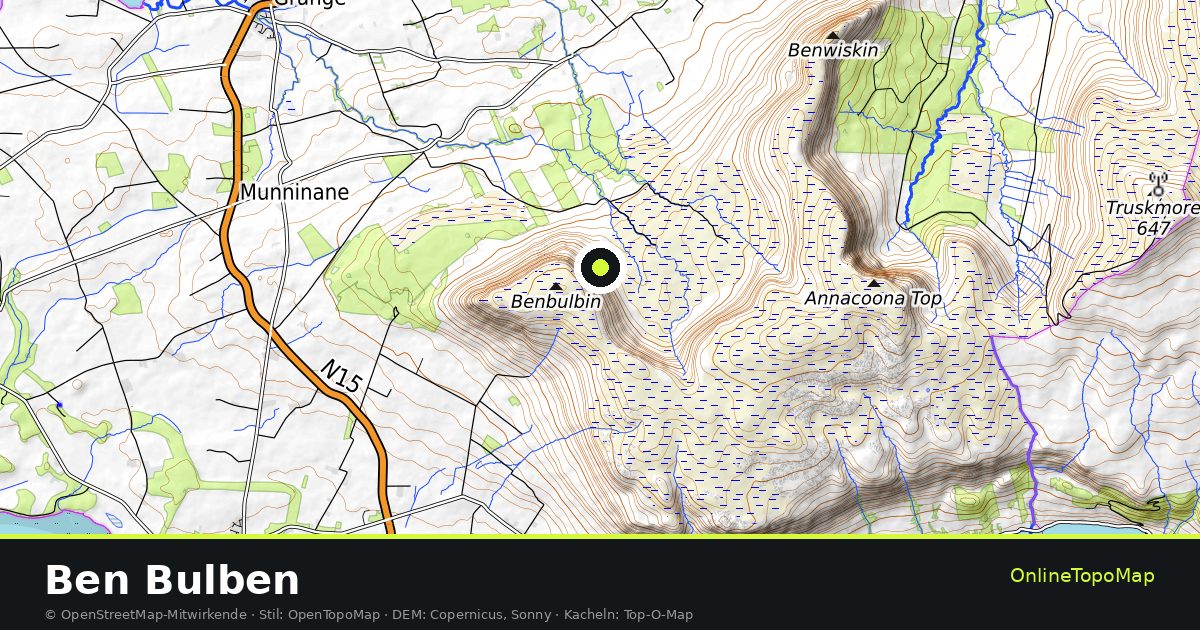Topographische Karte von Ben Bulben mit Höhenlinien und Geländeschattierung