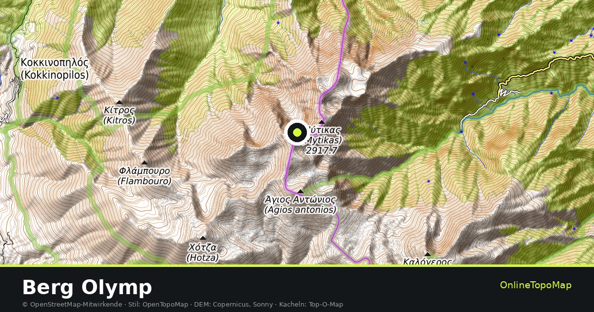 Topographische Karte von Berg Olymp mit Höhenlinien und Geländeschattierung