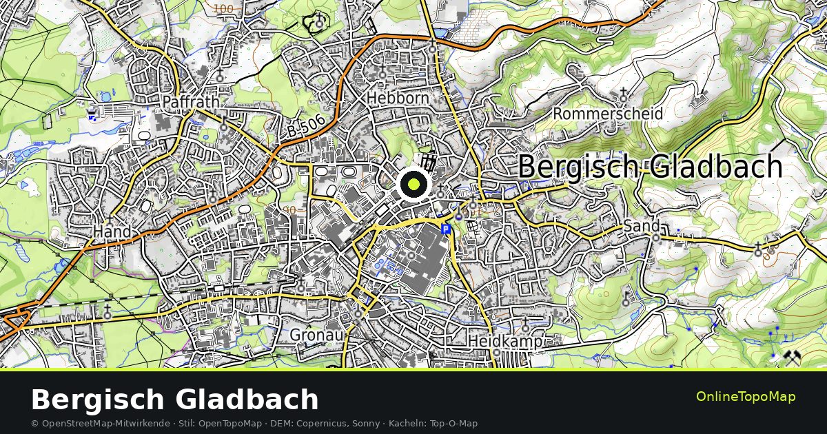Topographische Karte von Bergisch Gladbach mit Höhenlinien und Geländeschattierung