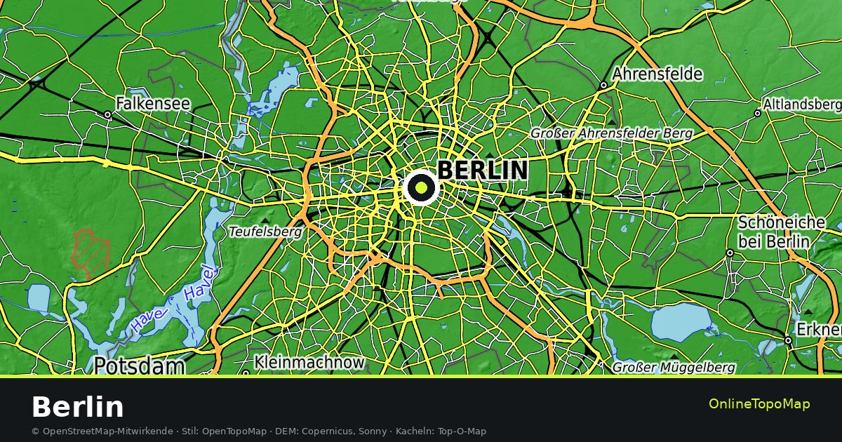 Topographische Karte von Berlin mit Höhenlinien und Geländeschattierung