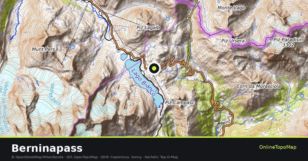 Topographische Karte von Berninapass mit Höhenlinien und Geländeschattierung