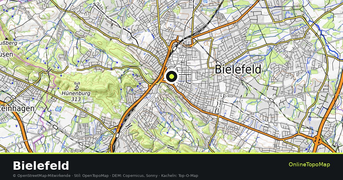 Topographische Karte von Bielefeld mit Höhenlinien und Geländeschattierung