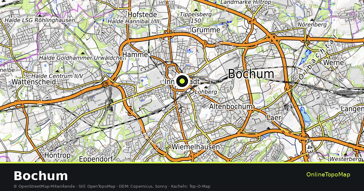 Topographische Karte von Bochum mit Höhenlinien und Geländeschattierung