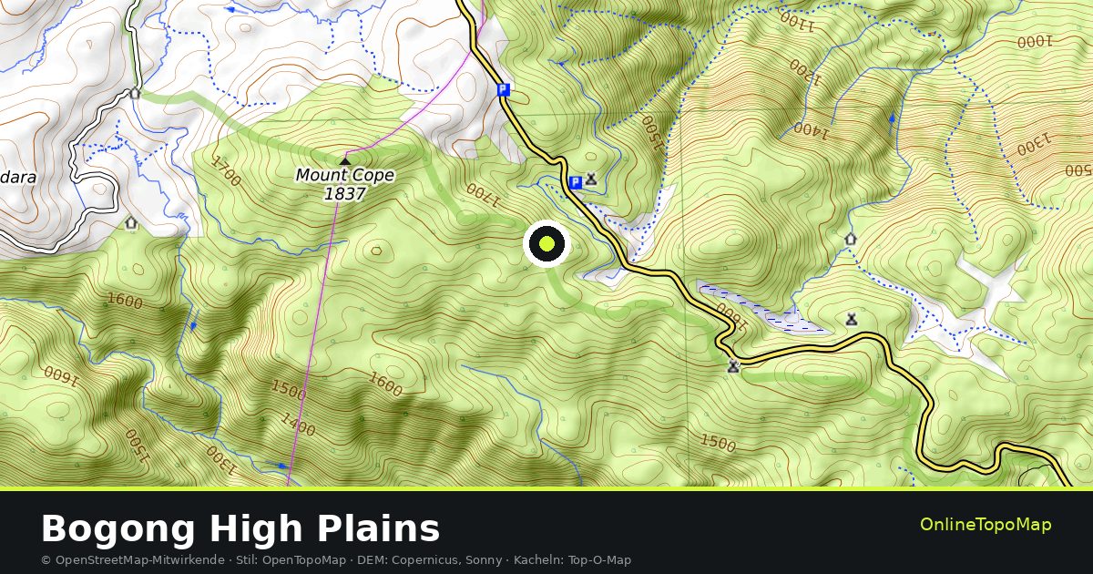 Topographische Karte von Bogong High Plains mit Höhenlinien und Geländeschattierung