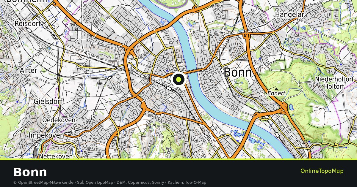 Topographische Karte von Bonn mit Höhenlinien und Geländeschattierung