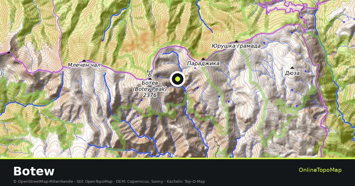 Topographische Karte von Botew mit Höhenlinien und Geländeschattierung