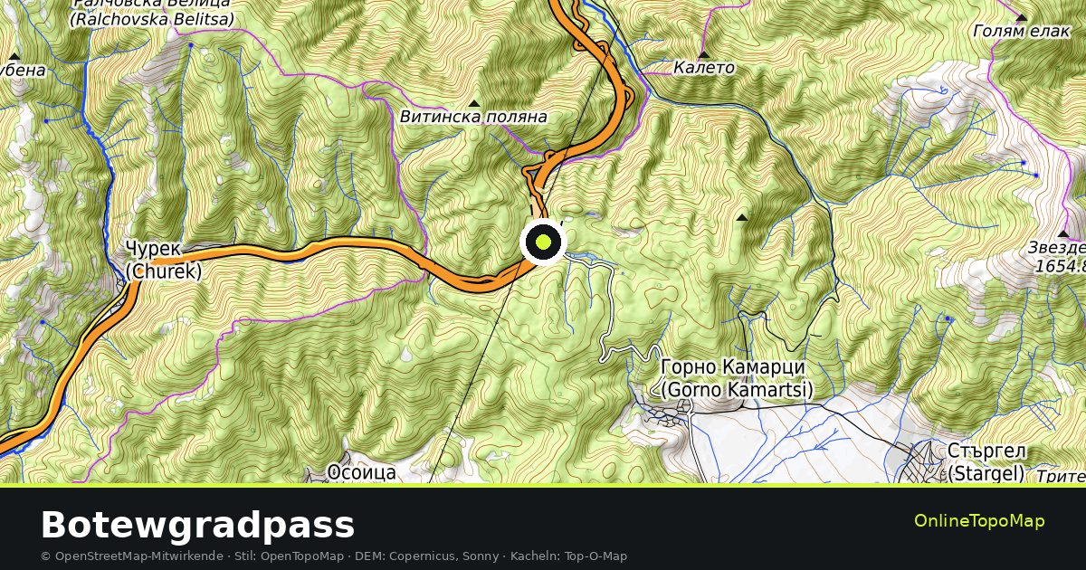Topographische Karte von Botewgradpass mit Höhenlinien und Geländeschattierung
