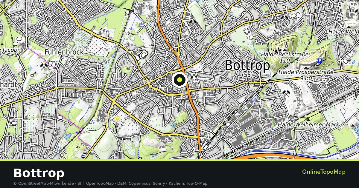 Topographische Karte von Bottrop mit Höhenlinien und Geländeschattierung