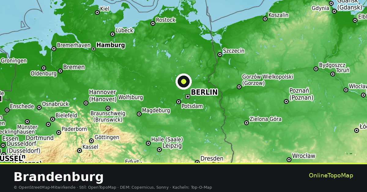 Topographische Karte von Brandenburg mit Höhenlinien und Geländeschattierung