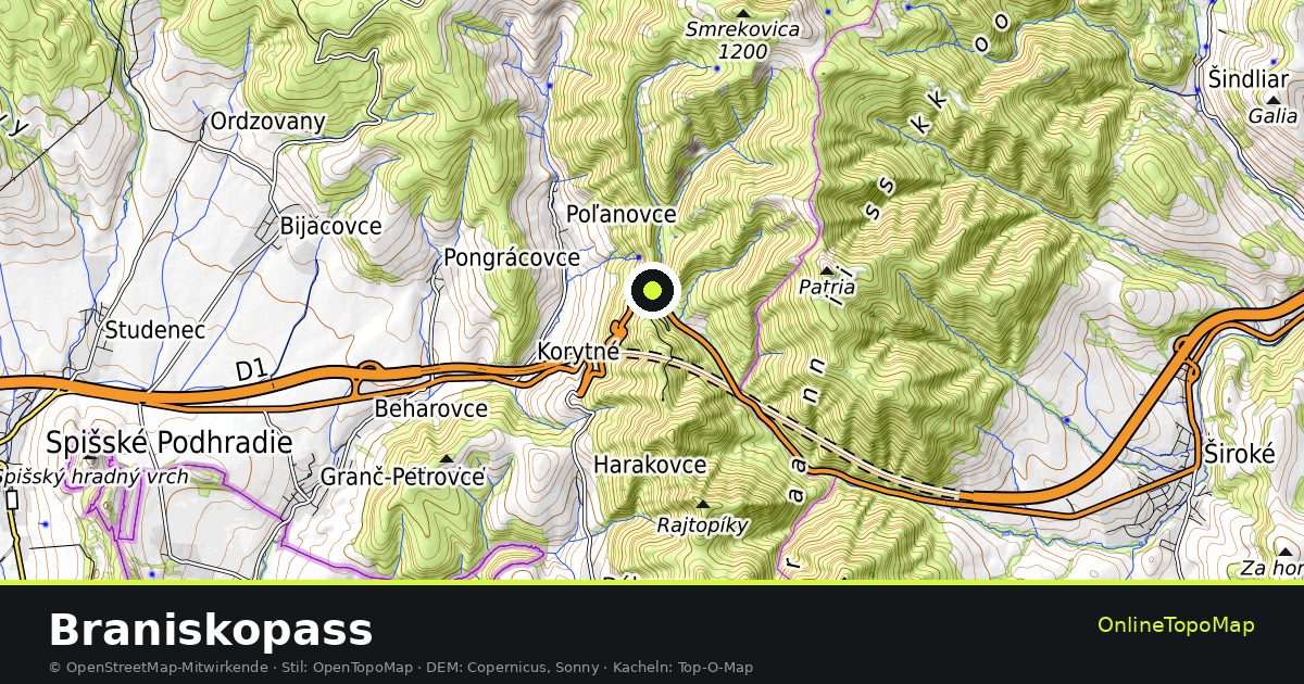Topographische Karte von Braniskopass mit Höhenlinien und Geländeschattierung