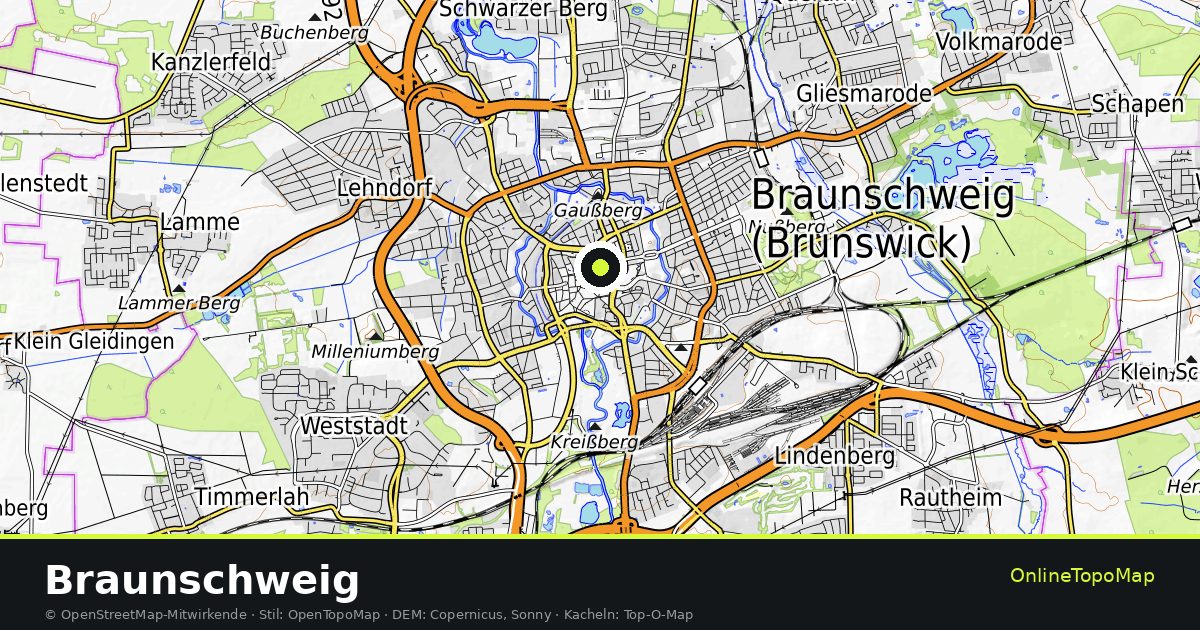 Topographische Karte von Braunschweig mit Höhenlinien und Geländeschattierung