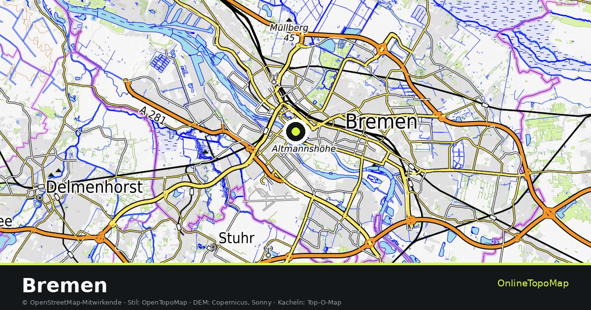 Topographische Karte von Bremen mit Höhenlinien und Geländeschattierung