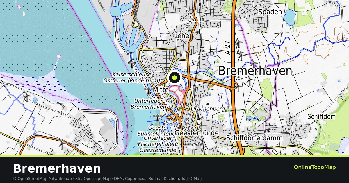 Topographische Karte von Bremerhaven mit Höhenlinien und Geländeschattierung