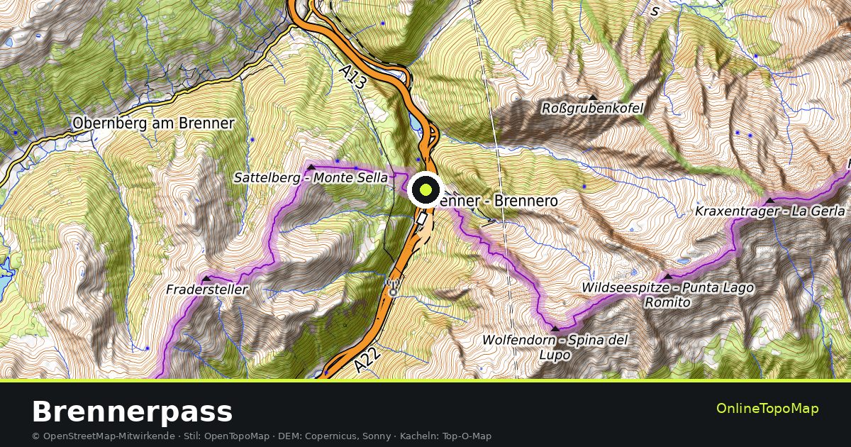 Topographische Karte von Brennerpass mit Höhenlinien und Geländeschattierung