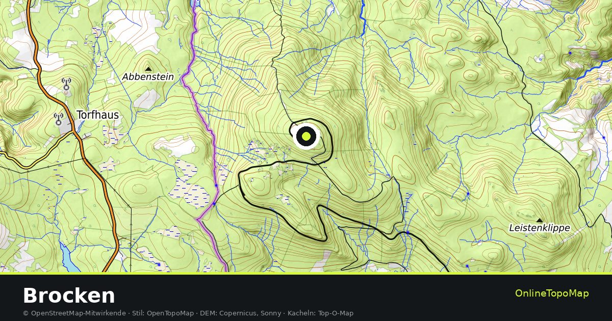 Topographische Karte von Brocken mit Höhenlinien und Geländeschattierung