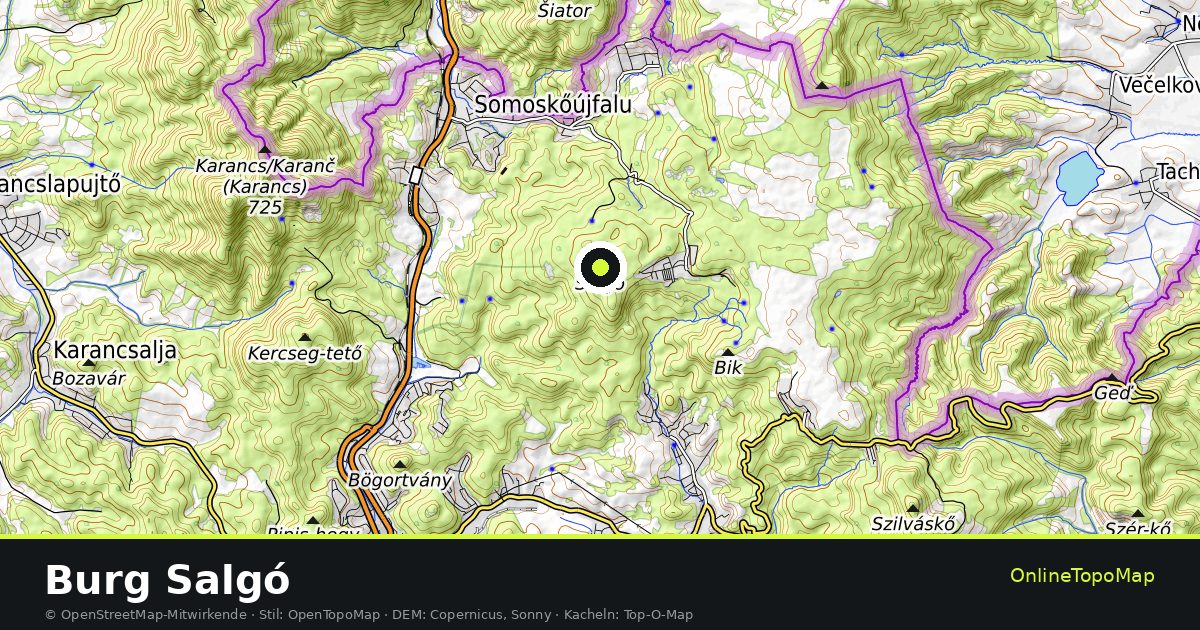 Topographische Karte von Burg Salgó mit Höhenlinien und Geländeschattierung