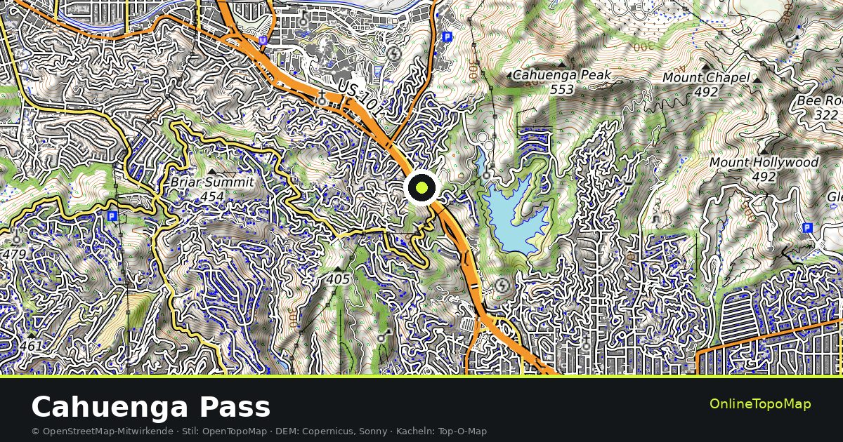 Topographische Karte von Cahuenga Pass mit Höhenlinien und Geländeschattierung