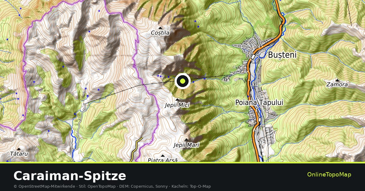 Topographische Karte von Caraiman-Spitze mit Höhenlinien und Geländeschattierung