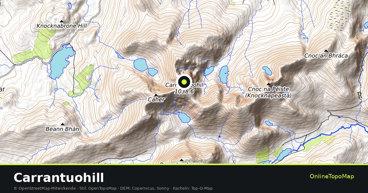 Topographische Karte von Carrantuohill mit Höhenlinien und Geländeschattierung