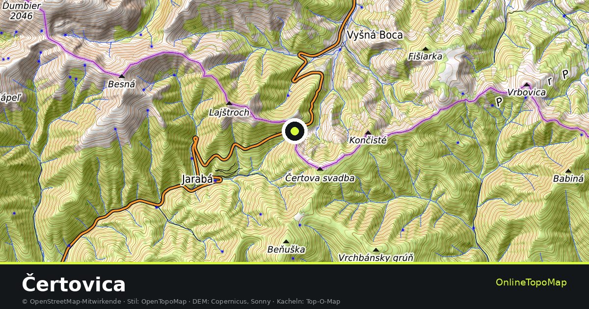 Topographische Karte von Čertovica mit Höhenlinien und Geländeschattierung