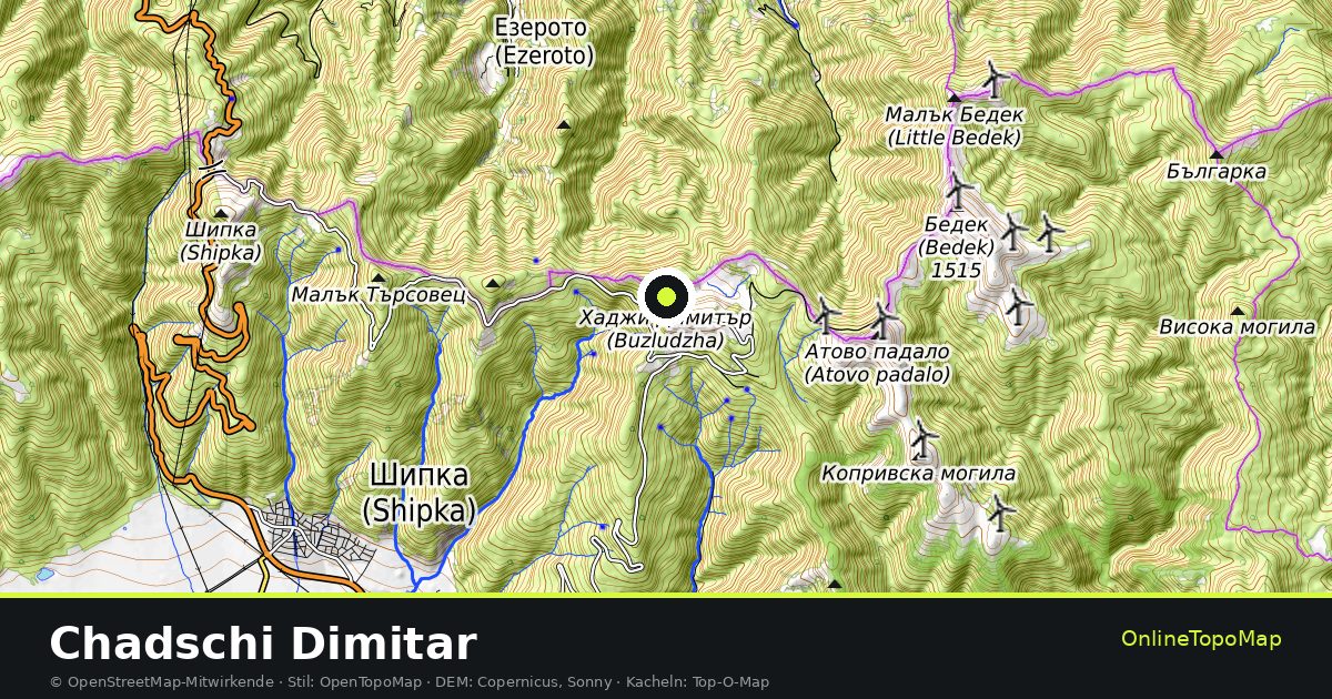 Topographische Karte von Chadschi Dimitar mit Höhenlinien und Geländeschattierung